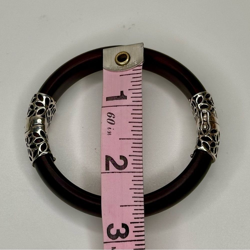 Vintage Sterling Silver & Wood Bangle Bracelet Artisan 925 Hinged Floral Clasp - Picture 11 of 12